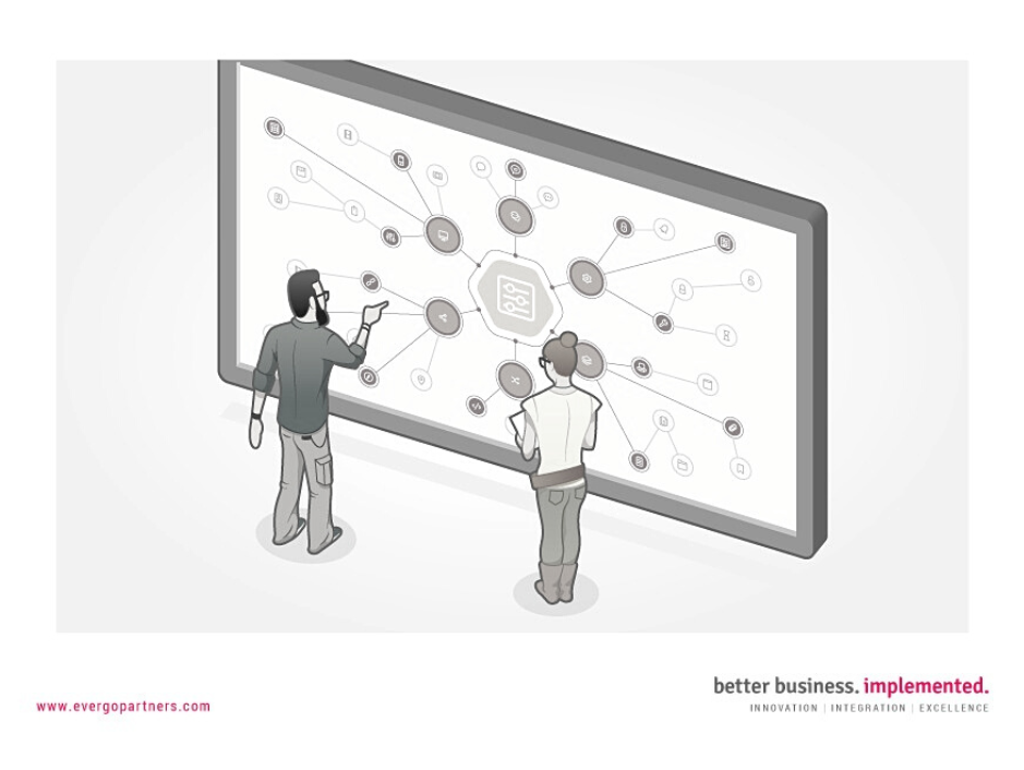 Graphic shows a man and a woman working together in front of big screen, where they look for answers on how to optimize workplace through User Experience (UX) 